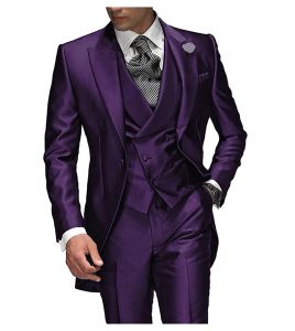 Jackets 2024 Best verkopende piek revers Dubbele borsten Men Wedding Suits Purple Brader Tuxedos For Men Prom Suits Groomsman Jacket+Pant+Tie