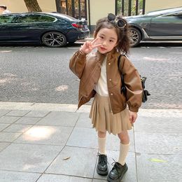 Jackets 2024 Fashion Girls Boys Faux Leather Lower Outfits Kinderen Tops Solid Long Sleeve Button Coat Children Clothing
