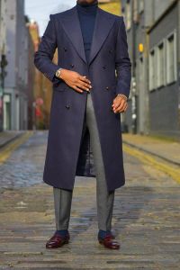 Jackets 2024 Nieuwe stijl Winter Formele feestmannen Pakken Navy Blue Double Breasted Chic Long Jacket Buiten Spring Coat 1 Pieces