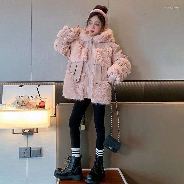 Vestes d'hiver pour filles de l'université chinoise, manteau en fourrure de velours de coton, Version coréenne de fille rose étrangère à capuche, 2024