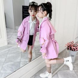 Vestes 2Colors Big Girls Kids Trench Coat Jacket Fleurs Broids Fashion Belt Tell Children Automne Vêtements