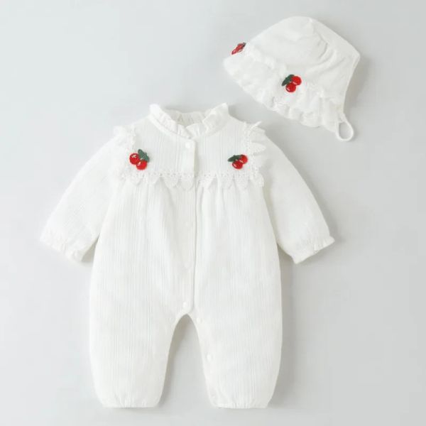 Chaquetas de 2 uds., Pelele de fresa de una pieza para bebé coreano con sombrero, peleles blancos para bautismo de niña, conjunto de traje para recién nacido, mono para niñas pequeñas
