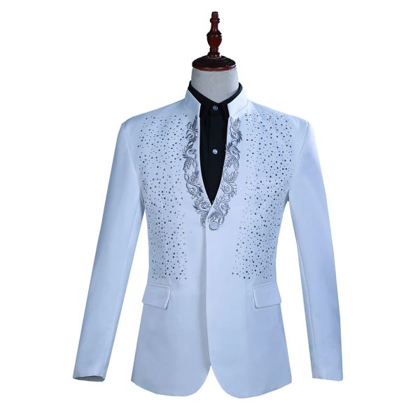 Vestes 2 pièces hommes veste de costume blanc perlé twopiece collier de support noir Costume de promotion rouge de la broderie rouge