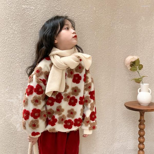 Chaquetas 3934D suéter para niños o pantalones de pana 2022 invierno coreano estéreo flores niña polar cálido suéter rojo pantalón