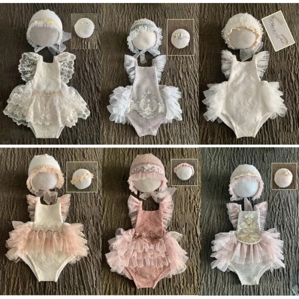 Chaquetas 3 uds. Vestido de princesa de encaje para niña, accesorios de fotografía recién nacido, ropa, sombrero, diadema, mameluco para bebé de 03 meses, accesorios para sesión de fotos