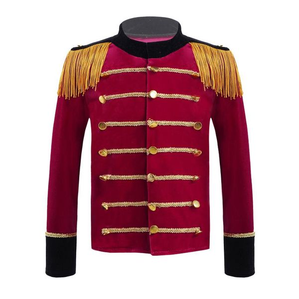 Chaquetas 4-16 Niños rojos Niños Traje de circo Terciopelo Abrigo de manga larga Trenza dorada Borlas Tambor Trompeta Equipo Guardia de honor Uniforme de rendimiento