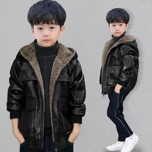 Vestes âge pour 4-14 ans décontracté 2 couleurs enfants automne hiver veste en polyuréthane manteaux chaud Faux cuir plus velours vêtements d'extérieur enfants garçons vêtements