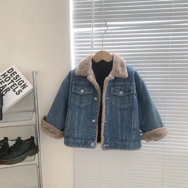 Vestes d'automne et d'hiver pour enfants, édition coréenne, manteau en Denim épais en peluche, col Polo Cool pour bébé garçon