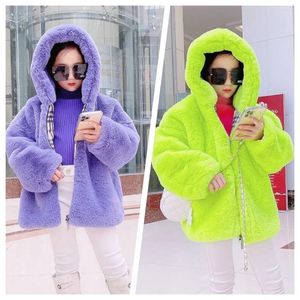Jassen Herfst- en winterbontjas voor meisjes Koreaanse versie Imitatiehaar Groen vest met capuchon Verdikt halflang Warm
