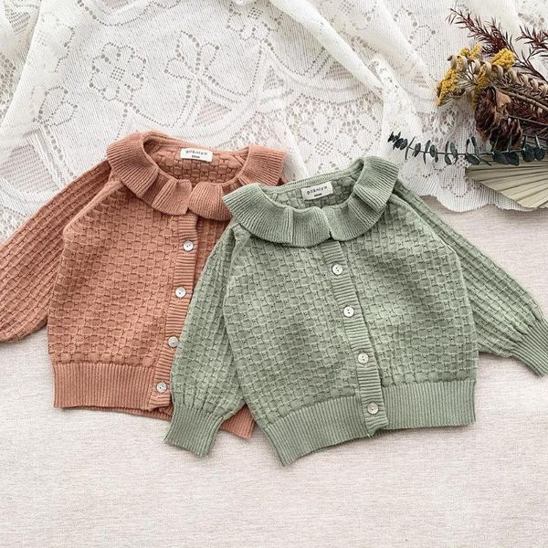 Chaquetas de otoño para niña, cárdigan KniCardigan de 1 a 5 años, suéteres tejidos para niñas, cárdigan de Color sólido con cuello con volantes, abrigos, suéter para niños de estilo coreano