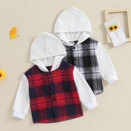 Jassen Herfst Kinderen Baby Jongens Casual shirt met capuchon Lange mouw Knop Contrasterende kleur Geruite tops Herfstkleding