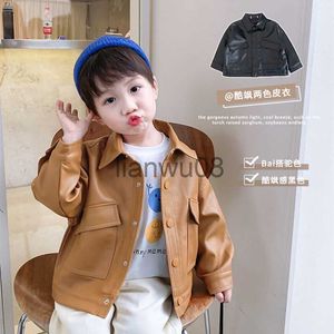 Jackets Autumn Spring Corea Fashion Pu Cuero Chaqueta Niños Color sólido Manija larga Cadena de abrigo infantil de pecho X0811