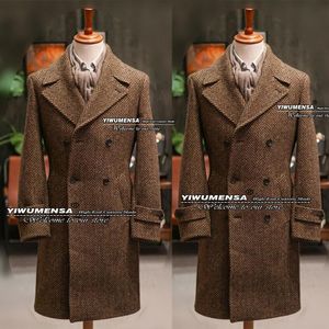 Jackets Otoño/invierno Brown Men Overcoat Tweed Tweed Herringbone Wool Blend Chaqueta Blazer esmoquin Dobel Doubel Ropa militar de pecho