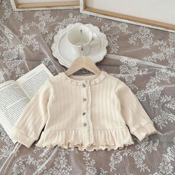 Vestes Bébé Beige Dentelle Col Rond Cardigan À Manches Longues Fille Simple Simple Boutonnage Manteau Tricoté Printemps Automne Princesse Vêtements D'extérieur