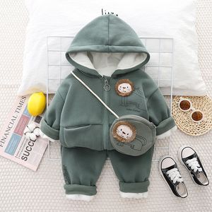 Chaquetas Baby Boys Ropa Conjunto Otoño Niñas Dibujos animados León Sudaderas con capucha Chaqueta Pantalones Bolsa 3 unids Traje para niños Trajes casuales Traje cálido 230904