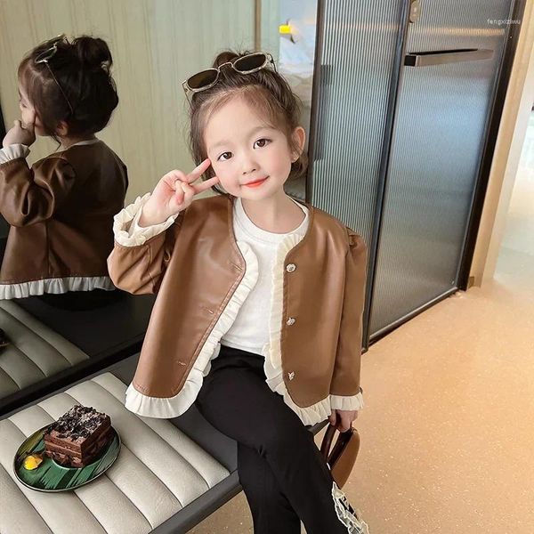 Vestes Bébé filles manteaux en cuir vêtements pour enfants vêtements d'extérieur printemps automne veste coréenne volants boutonné cardigan manches bouffantes 2 à 10 ans
