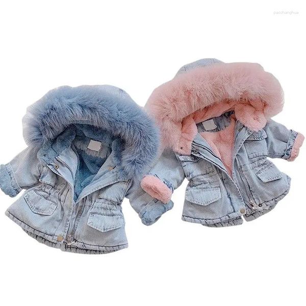 Vestes Baby Girls Winter Denim Veste épaissis chauds plus en velours de vent en velours couture extérieure à capuche enfants vêtements enfants parka 2 3 4 5 6