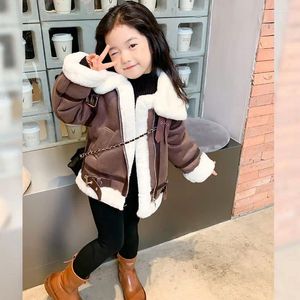 Jackets babymeisjes wollen bont jas winter kinderkleding Koreaans verdikte pluche warme afslag down kraag modebaar 4-12 jaar v taok