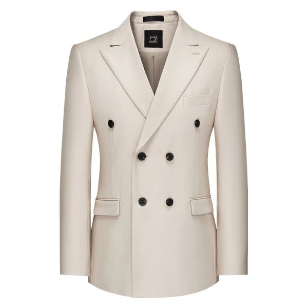 Jackets Beige Men Suits Blazer Fashion Lapa de la solapa doble chaqueta de pecho sólido Color delgado 1 pie