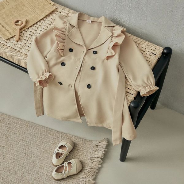 Vestes BeQeuewll enfants fille mode Trench manteau à volants revers Double boutonnage kaki classique printemps et automne mince Style manteau avec ceinture 231007