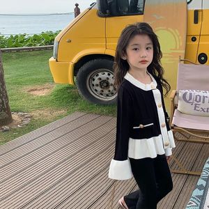 Vestes Cardigan noir pour filles, vêtements coréens pour enfants, manteau coréen en tricot, col rond, mode printemps 2024