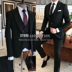 Chaquetas Trajes formales negros para hombre para boda Vestido de fiesta de noche elegante y ajustado Chaqueta + chaleco + pantalones hechos a medida Traje de negocios de 3 piezas