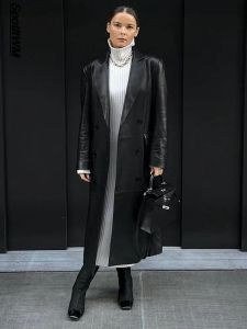 Vestes noires longues imperméables en cuir trench-coat femmes mode revers à manches longues lâche PU pardessus 2023 hiver rétro dame streetwear