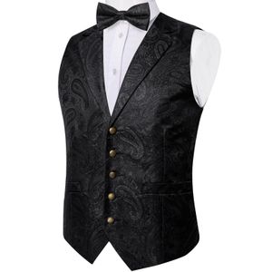 Vestes noires Paisley en soie, gilet de costume pour hommes, nœud papillon, mouchoir, boutons de manchette, fête de mariage, gilet de smoking formel