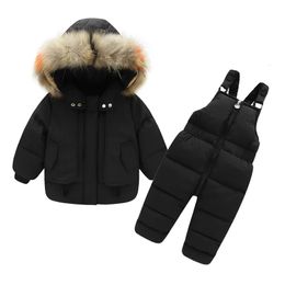 Jassen Zwarte Sneeuwpakken voor Kinderen Bovenkleding Kleding Kinderen -30 Graden Donsjack Jumpsuit Winter Baby Boy Parka Echt Bont Kledingsets 231123