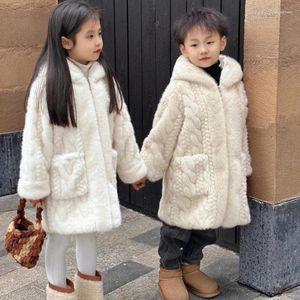 Chaquetas para niños y niñas, ropa de imitación para niños, abrigos cálidos con capucha, prendas de vestir exteriores peludas de estilo largo para niños, Tops acolchados