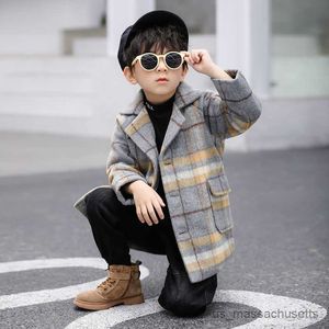 Jackets Boys Herfst Winter wollen Lange jas mode elegante kinderen overjassen katoenen gevulde verdikking warme kinderen outfits kleding r230812