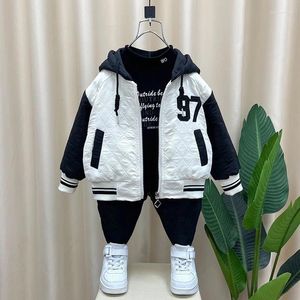 Vestes Veste de baseball pour garçons Corée Vintage Vêtements d'extérieur à la mode 2024 Automne Coton Manteau Couleur contrastée Lettre Casual Vêtements à capuche