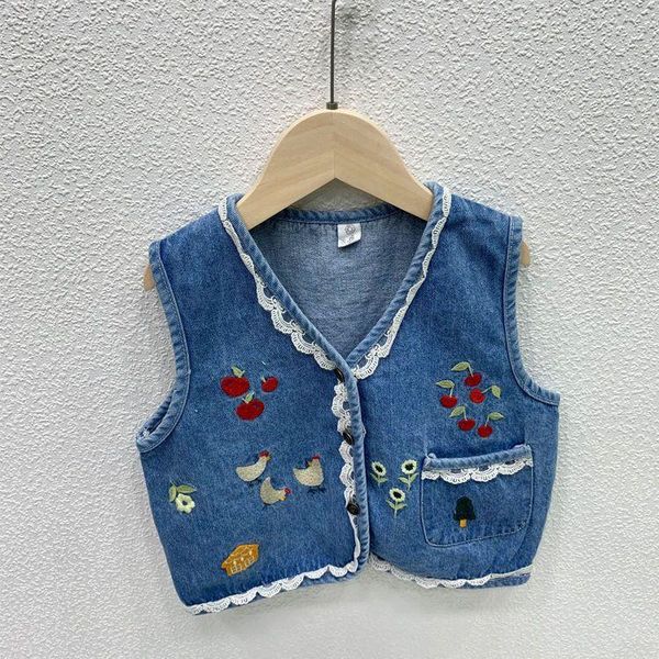 Chaquetas Marca Bebé Niñas Chaleco de mezclilla Lindo Bordado de encaje Chaqueta de algodón Chaleco Niños Ropa de niños Overwear