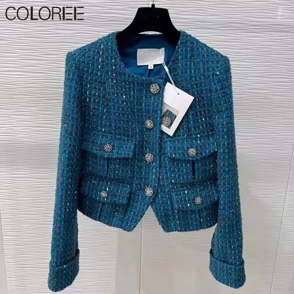 Jackets Diseñadores de marca ropa de invierno Tweed Blue Tweed Jackets para mujeres 2023 Botones de cristal Corto Jaqueta Feminina Chaquetas
