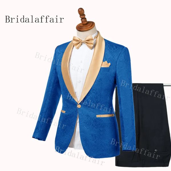 Vestes Bridalaffair Luxury Royal Blue Jacqaurd Groom Songlos châle Gold Bend Men Suit Wedding Best Man Blazer (Veste + Pantalon + Bowtie)