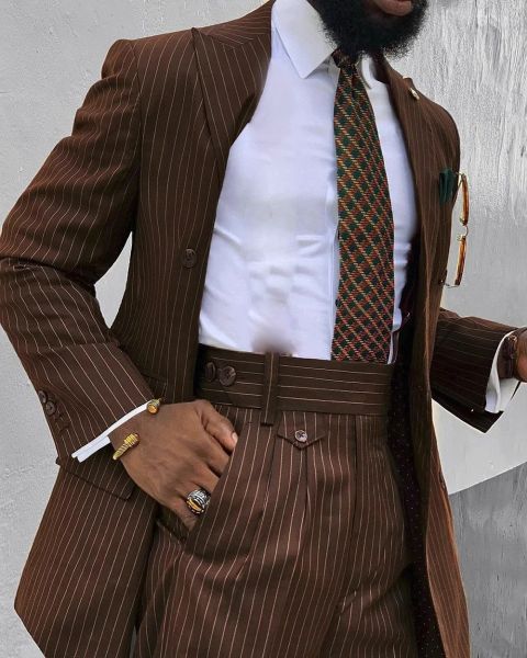 Vestes Brown Stripe Men Suit 2 PCS SEPPOKE GROM PROM SLIM FIT DOUBLE MEDIAGE TERNO PIBLE BLAZER Pantalon (veste + pantalon)