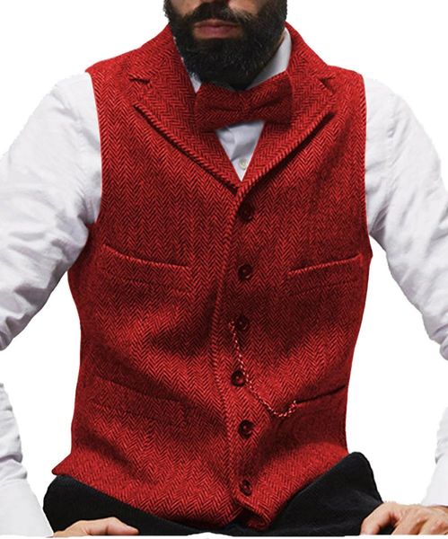 Vestes Bourgogne / Brown Men's Suit Vest Slim Fit Herringbone Wool Tweed Notched Awestcoat pour le mariage Grooms Mens Veste Casual