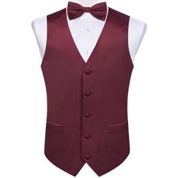 Vestes Bury rouge solide soie hommes costume gilet pré-noué noeud papillon ensemble fête de mariage formel smoking mâle Blazer gilet affaires fête gilet