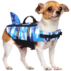 Jassen Camo reddingsvest voor honden met haaienvin, verstelbaar reflecterend drijfvest voor huisdieren met reddingshandvat, reddingsvest voor zwemmen met honden