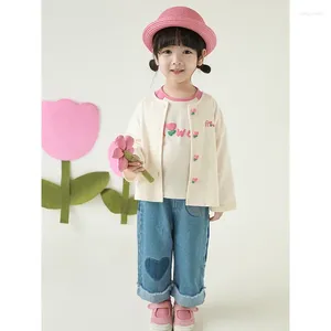 Chaquetas informales para primavera y otoño, abrigos para niñas, cárdigans para niños con estampado de letras y botones en forma de tulipán rosa y blanco, prendas de vestir para niños