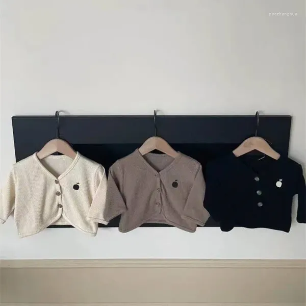 Chaquetas informales para primavera y otoño, suéteres tejidos para niñas, color Beige, negro, marrón, estampado de manzana, cárdigans con cuello en V para niños, prendas de vestir para niños