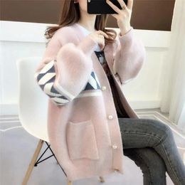 Chaquetas Abrigo De Lana De Chenilla De Imitación De Visón Suéter De Mujer Cárdigan De Punto De Mm Gordo Versión Coreana Chaqueta con Botones Superior Suelta Y Perezosa Rosa