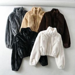 Vestes Chic printemps chaud fausse fourrure de lapin manteau Ins fermeture éclair col montant Bomber veste taille haute manteau court Parka fourrure hauts Abrigos 2022