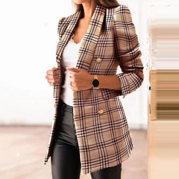 Chaquetas elegantes para mujer, chaqueta de otoño, abrigo Formal de invierno, abrigo térmico ajustado con estampado a cuadros grueso para mujer