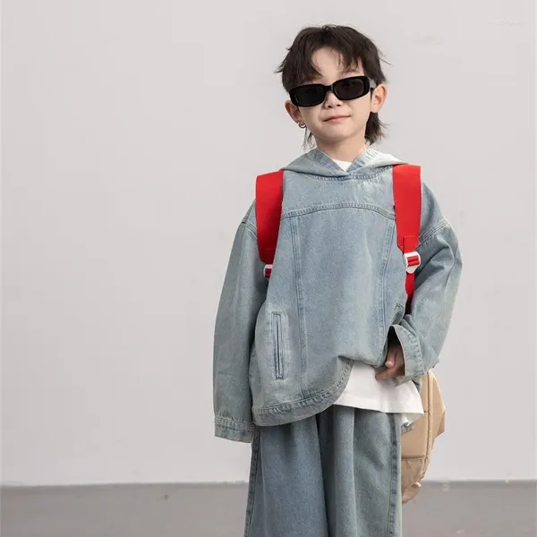 Jackets Ropa para niños sudadera con capucha de mezclilla para niños 2024 Casco de manga larga de moda
