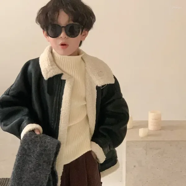 Vestes enfants manteau 2023 hiver garçon Style coréen décontracté col de fourrure en cuir veste épaisse fermeture éclair à la mode chaud enfants