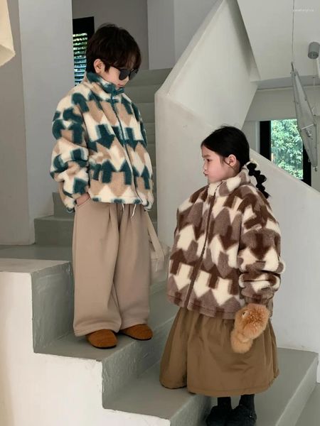 Chaquetas para niños abrigo 2023 invierno niños y niñas piel con cremallera abstracta coreana con forro polar grueso suave ceroso