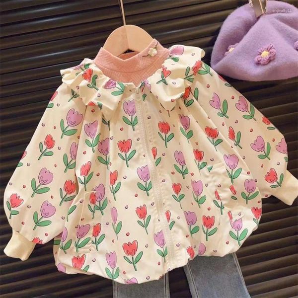 Chaquetas para niños, ropa de primavera y otoño, moda para bebés de 18 a 8 años, muñeca con flores, cuello, cremallera, Top con carga, abrigo dulce para niña