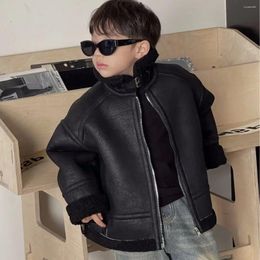 Vestes enfants vêtements d'hiver 2024 à la mode Style coréen garçons noir laine d'agneau veste en cuir décontracté Simple chaud enfants manteau