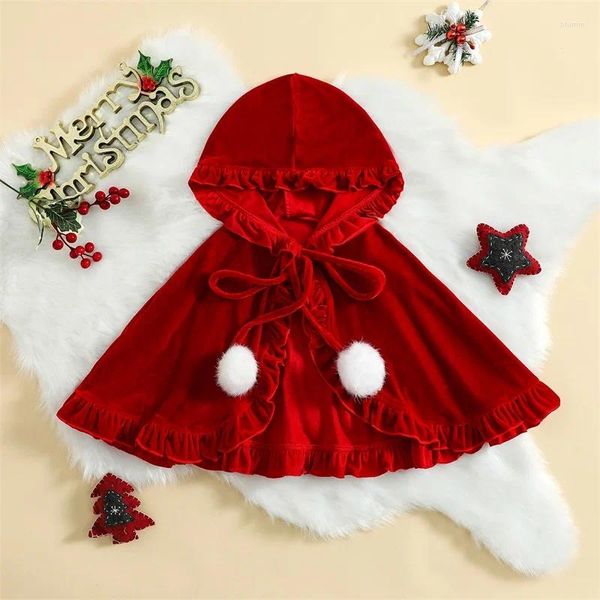 Vestes de Noël pour filles, Cape rouge, jolie capuche douce, à volants en dentelle, Cape Poncho avec boules en peluche, tenue de Costume pour enfants